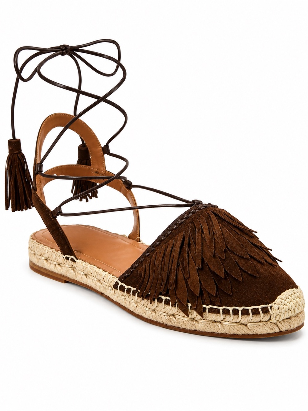 Aquazzura Pocahontas Brown Suede Fringe Espadrille Lace-Up Sandals Size 8 Tassel